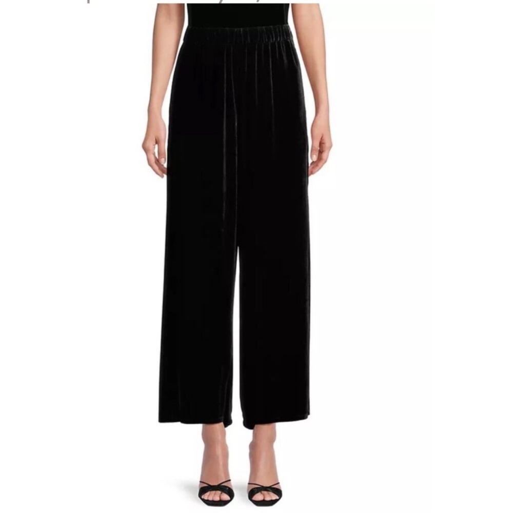 EILEEN FISHER Velvet Wide Leg Ankle Pants Pull On Size Small Silk Blend Black